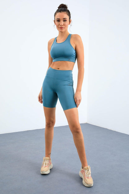 Mint Green High Waist Wrap-up Slim Fit Bustier Biker Women's Tights Set - 95303