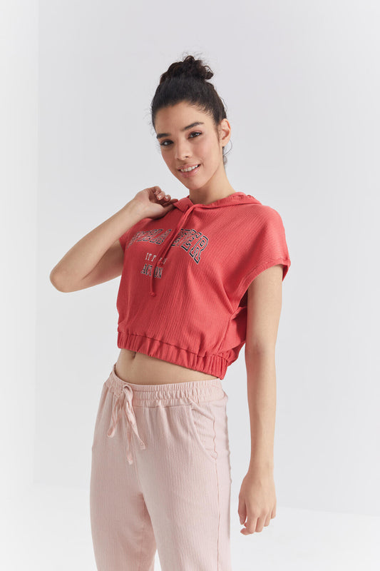 Nar Blossom Hooded Print Waist Elastic Crinkle Fabric Women's Crop Top T-Shirt - 97230