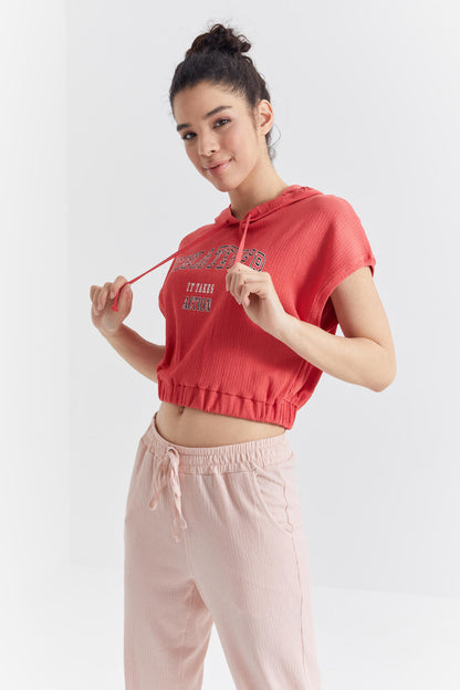 Nar Blossom Hooded Print Waist Elastic Crinkle Fabric Women's Crop Top T-Shirt - 97230