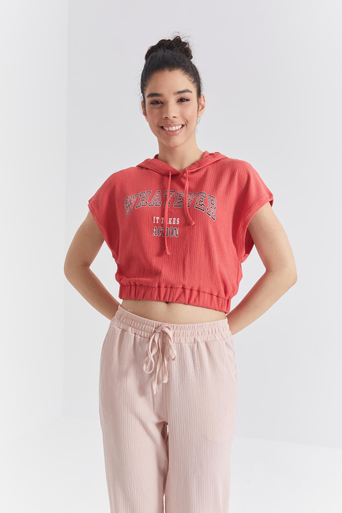 Nar Blossom Hooded Print Waist Elastic Crinkle Fabric Women's Crop Top T-Shirt - 97230