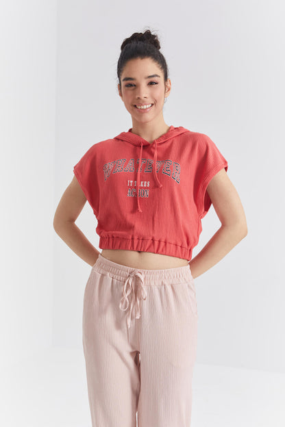 Nar Blossom Hooded Print Waist Elastic Crinkle Fabric Women's Crop Top T-Shirt - 97230