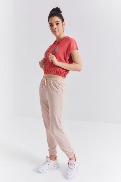 Nar Blossom Hooded Print Waist Elastic Crinkle Fabric Women's Crop Top T-Shirt - 97230