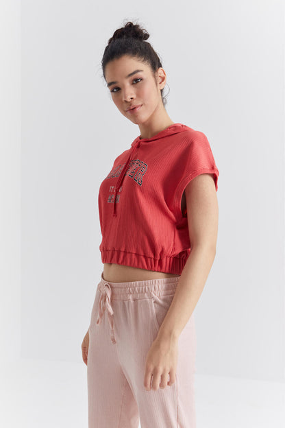 Nar Blossom Hooded Print Waist Elastic Crinkle Fabric Women's Crop Top T-Shirt - 97230