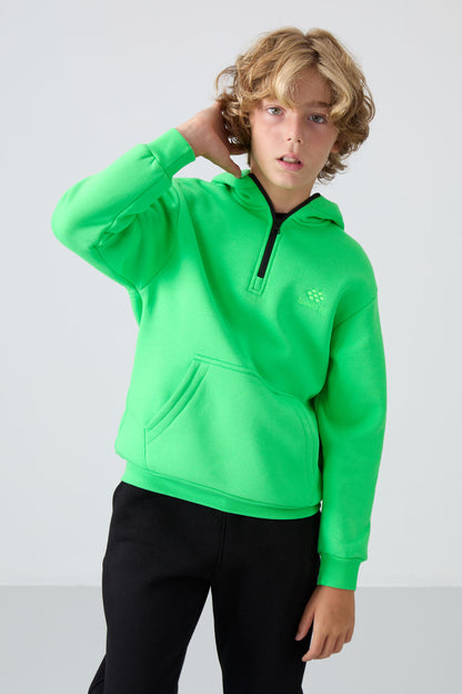 Neon Green Cotton Thick Fleece-Lined Soft Textured Standard Fit Embroidered Boys' Sweatshirt - 11244