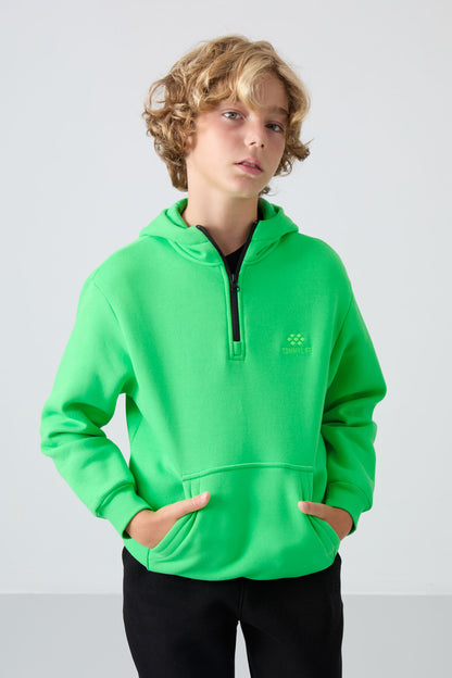 Neon Green Cotton Thick Fleece-Lined Soft Textured Standard Fit Embroidered Boys' Sweatshirt - 11244