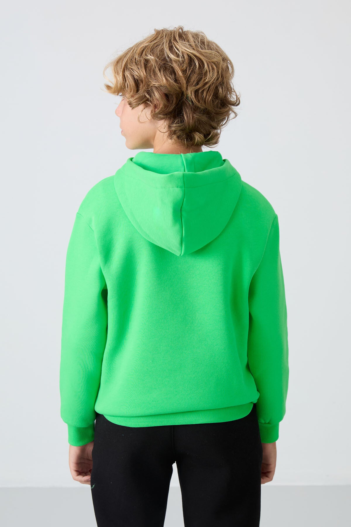 Neon Green Cotton Thick Fleece-Lined Soft Textured Standard Fit Embroidered Boys' Sweatshirt - 11244