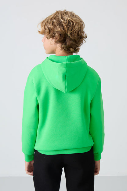 Neon Green Cotton Thick Fleece-Lined Soft Textured Standard Fit Embroidered Boys' Sweatshirt - 11244