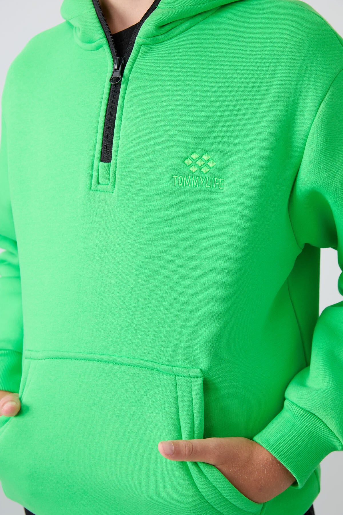 Neon Green Cotton Thick Fleece-Lined Soft Textured Standard Fit Embroidered Boys' Sweatshirt - 11244