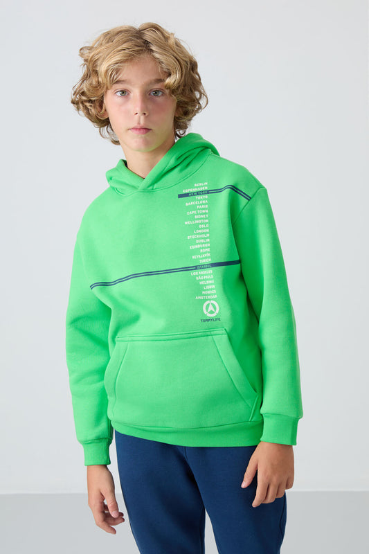 Neon Green Cotton Thick Fleece-Lined Soft Textured Standard Fit Printed Boys' Sweatshirt - 11239