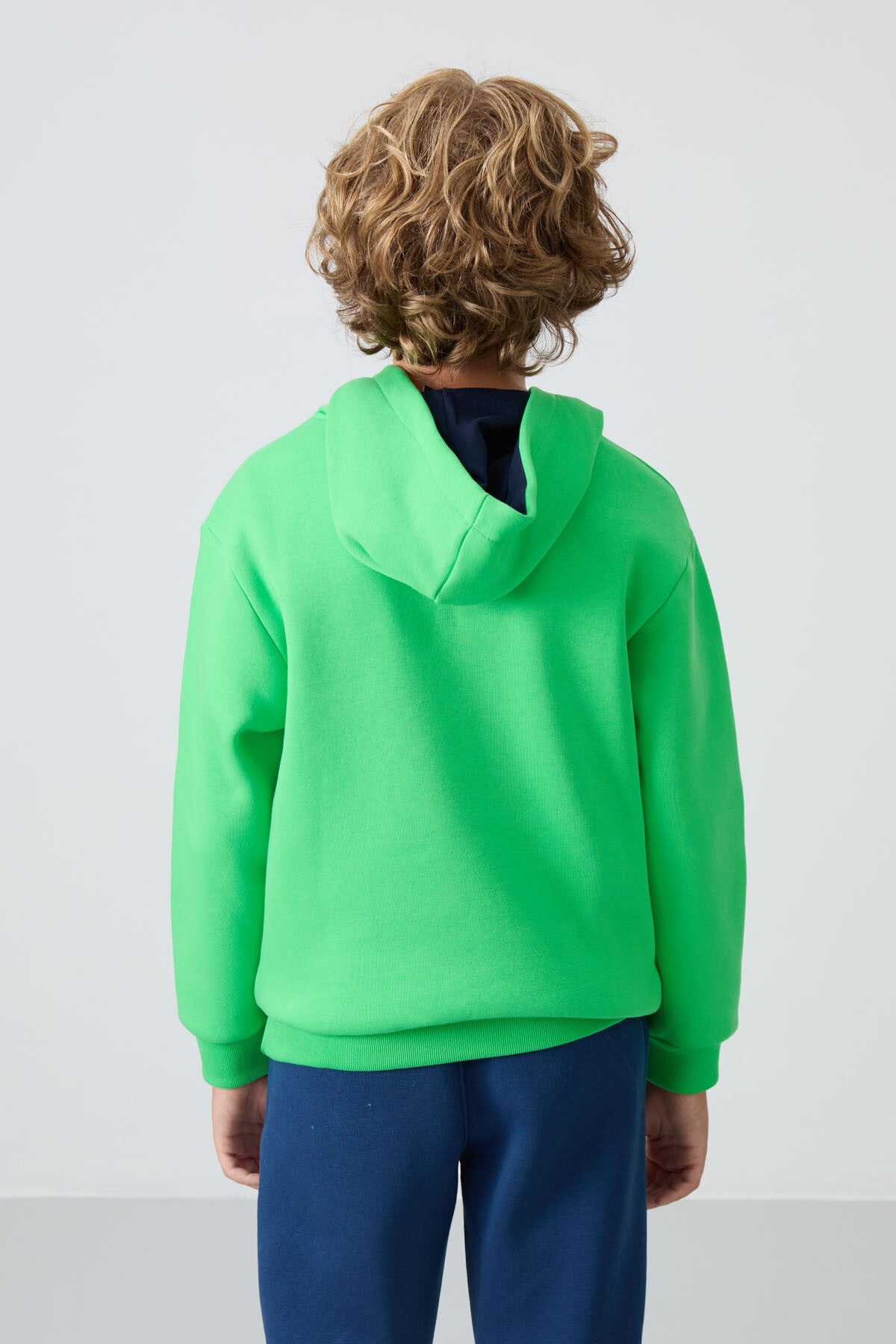Neon Green Cotton Thick Fleece-Lined Soft Textured Standard Fit Printed Boys' Sweatshirt - 11239