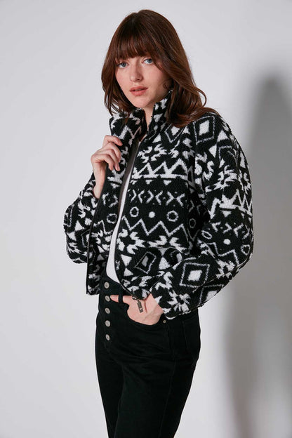ETHNIC PATTERNED FUR SWEATSHIRT WITH A ZIPPERED FRONT