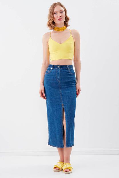FRONT-SPLIT MIDI HEIGHT DENIM SKIRT