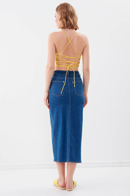 FRONT-SPLIT MIDI HEIGHT DENIM SKIRT