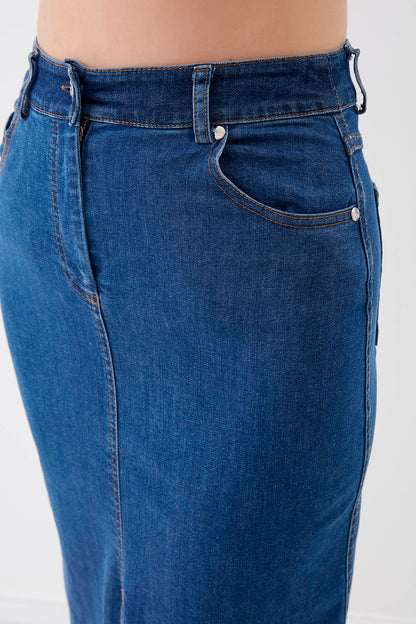 FRONT-SPLIT MIDI HEIGHT DENIM SKIRT