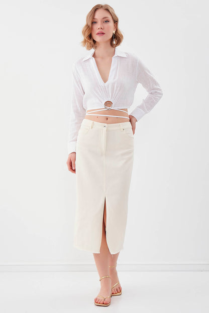 FRONT-SPLIT MIDI HEIGHT DENIM SKIRT