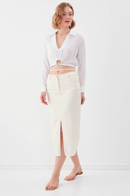 FRONT-SPLIT MIDI HEIGHT DENIM SKIRT