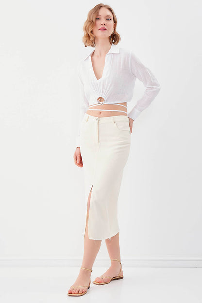 FRONT-SPLIT MIDI HEIGHT DENIM SKIRT