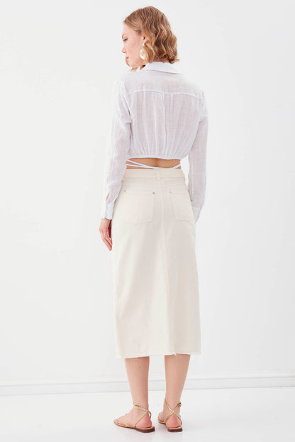 FRONT-SPLIT MIDI HEIGHT DENIM SKIRT