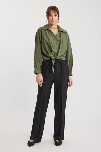 LOW SHOULDER LONG SLEEVE SHIRT WITH FRONT BINDING