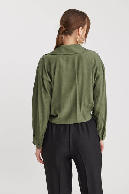 LOW SHOULDER LONG SLEEVE SHIRT WITH FRONT BINDING