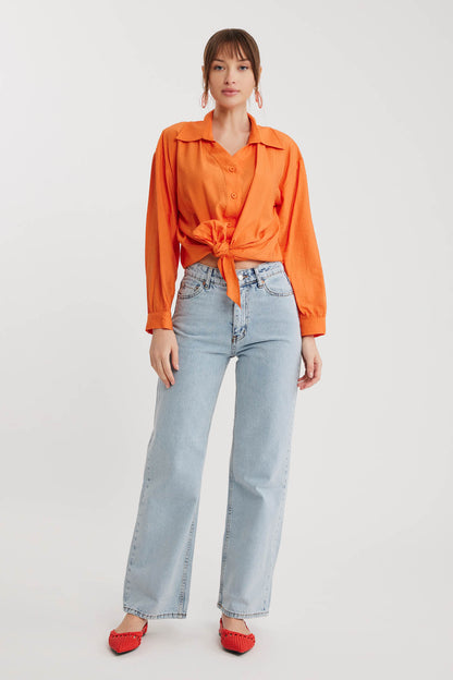 LOW SHOULDER LONG SLEEVE SHIRT WITH FRONT BINDING