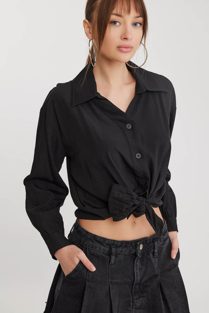 LOW SHOULDER LONG SLEEVE SHIRT WITH FRONT BINDING
