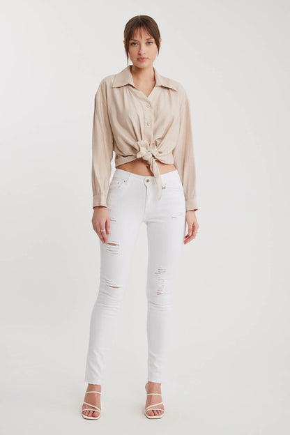 LOW SHOULDER LONG SLEEVE SHIRT WITH FRONT BINDING