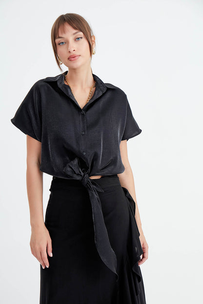 BRIGHT SATIN SHIRT WITH WAIST BOW