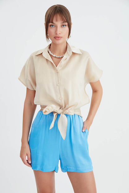 BRIGHT SATIN SHIRT WITH WAIST BOW