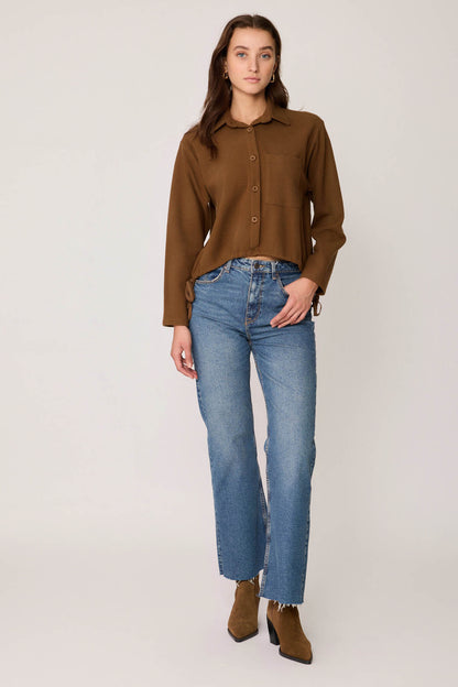 FRONT BUTTON LACED SINGLE POCKET KNITTED BLOUSE