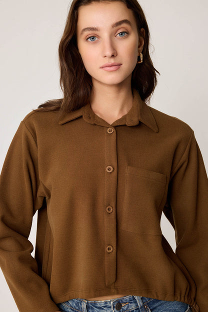 FRONT BUTTON LACED SINGLE POCKET KNITTED BLOUSE