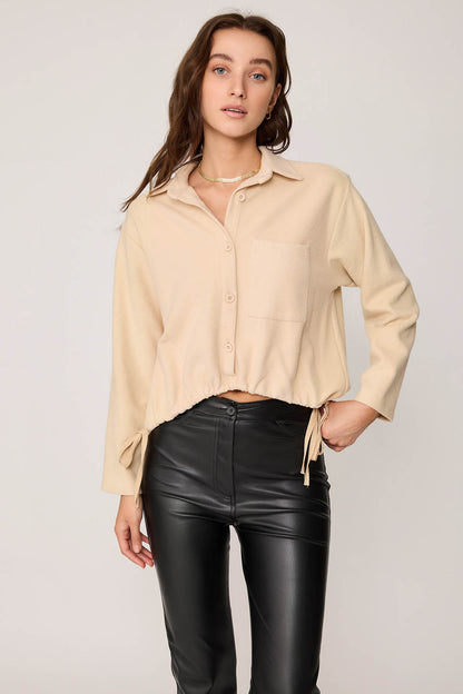 FRONT BUTTON LACED SINGLE POCKET KNITTED BLOUSE