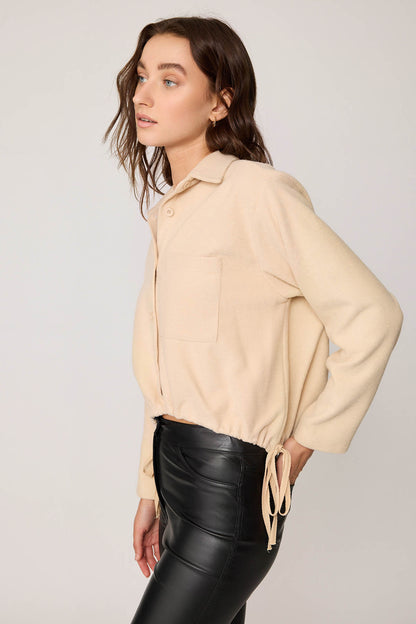 FRONT BUTTON LACED SINGLE POCKET KNITTED BLOUSE
