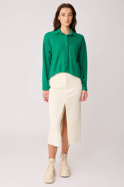 FRONT BUTTON LACED SINGLE POCKET KNITTED BLOUSE