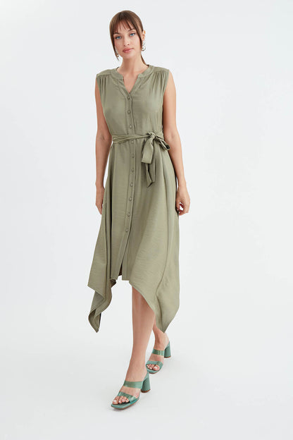 SLEEVELESS DRESS WITH FRONT BUTTON BELT