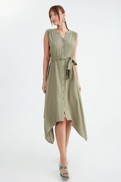 SLEEVELESS DRESS WITH FRONT BUTTON BELT