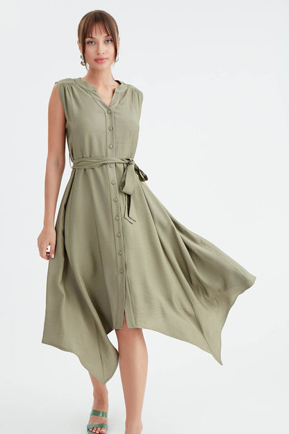 SLEEVELESS DRESS WITH FRONT BUTTON BELT