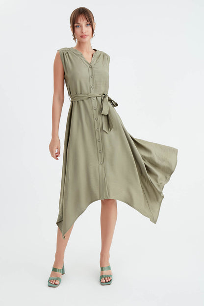 SLEEVELESS DRESS WITH FRONT BUTTON BELT