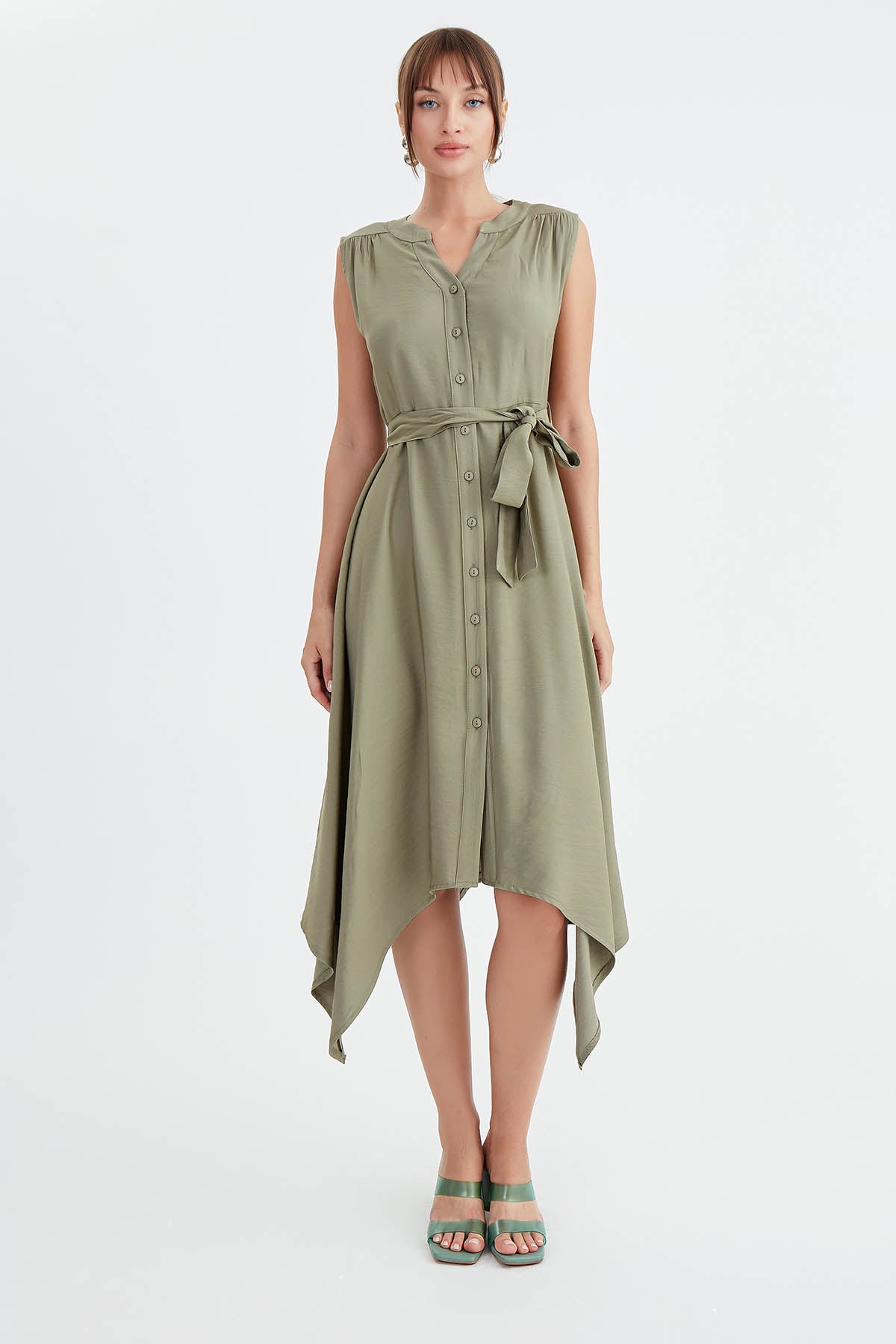 SLEEVELESS DRESS WITH FRONT BUTTON BELT