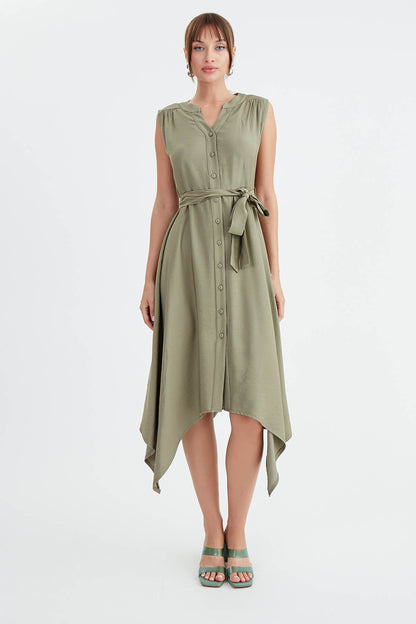 SLEEVELESS DRESS WITH FRONT BUTTON BELT