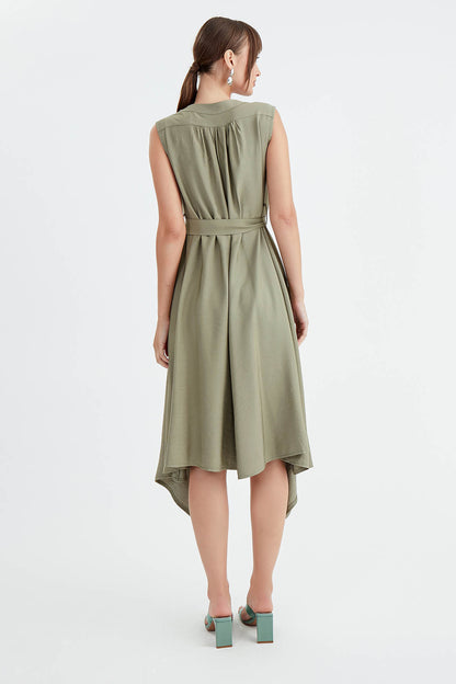 SLEEVELESS DRESS WITH FRONT BUTTON BELT