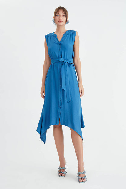 SLEEVELESS DRESS WITH FRONT BUTTON BELT
