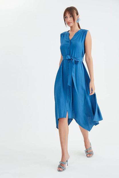 SLEEVELESS DRESS WITH FRONT BUTTON BELT