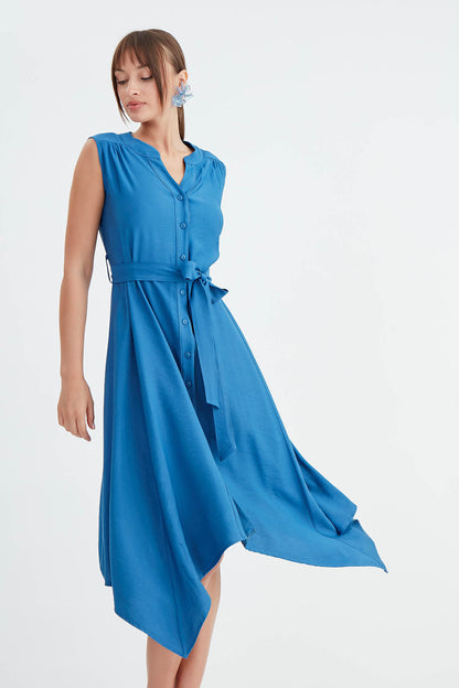 SLEEVELESS DRESS WITH FRONT BUTTON BELT