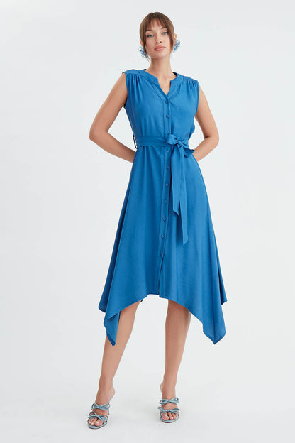 SLEEVELESS DRESS WITH FRONT BUTTON BELT