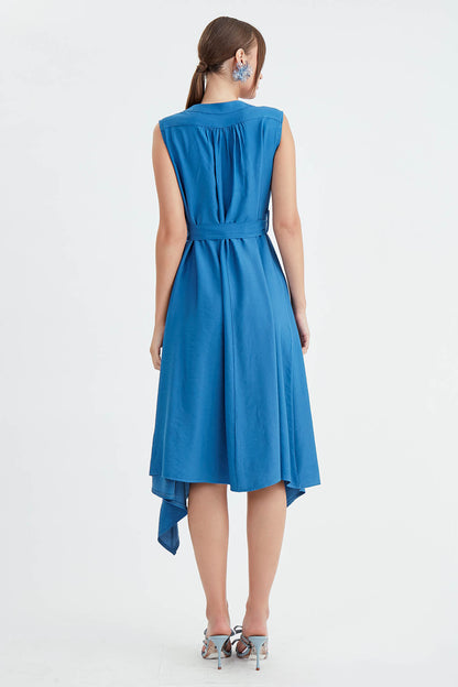 SLEEVELESS DRESS WITH FRONT BUTTON BELT