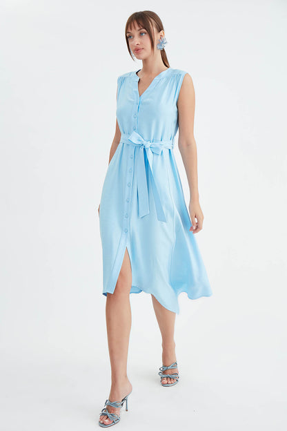 SLEEVELESS DRESS WITH FRONT BUTTON BELT