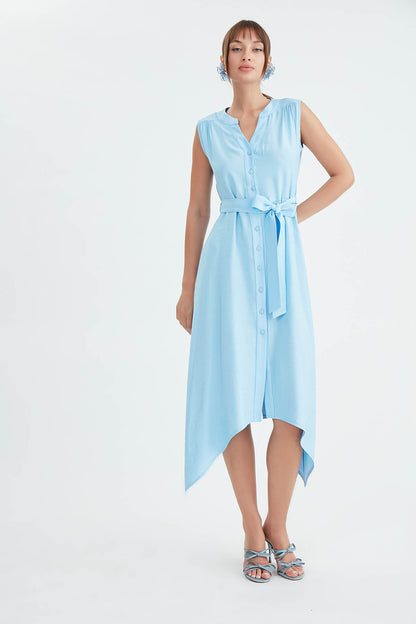 SLEEVELESS DRESS WITH FRONT BUTTON BELT