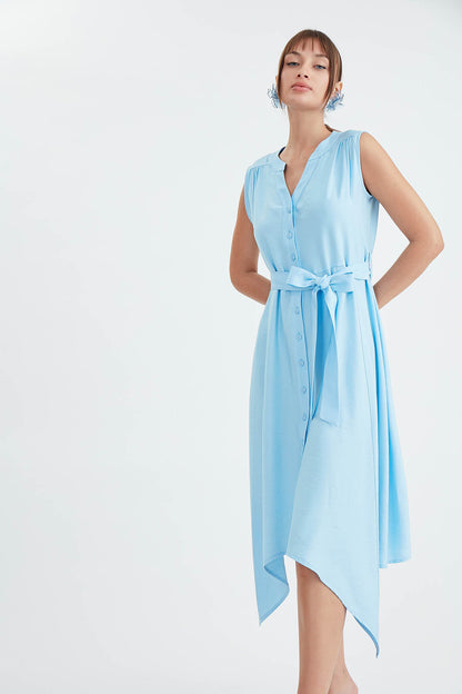 SLEEVELESS DRESS WITH FRONT BUTTON BELT