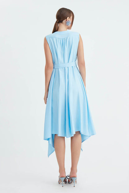 SLEEVELESS DRESS WITH FRONT BUTTON BELT